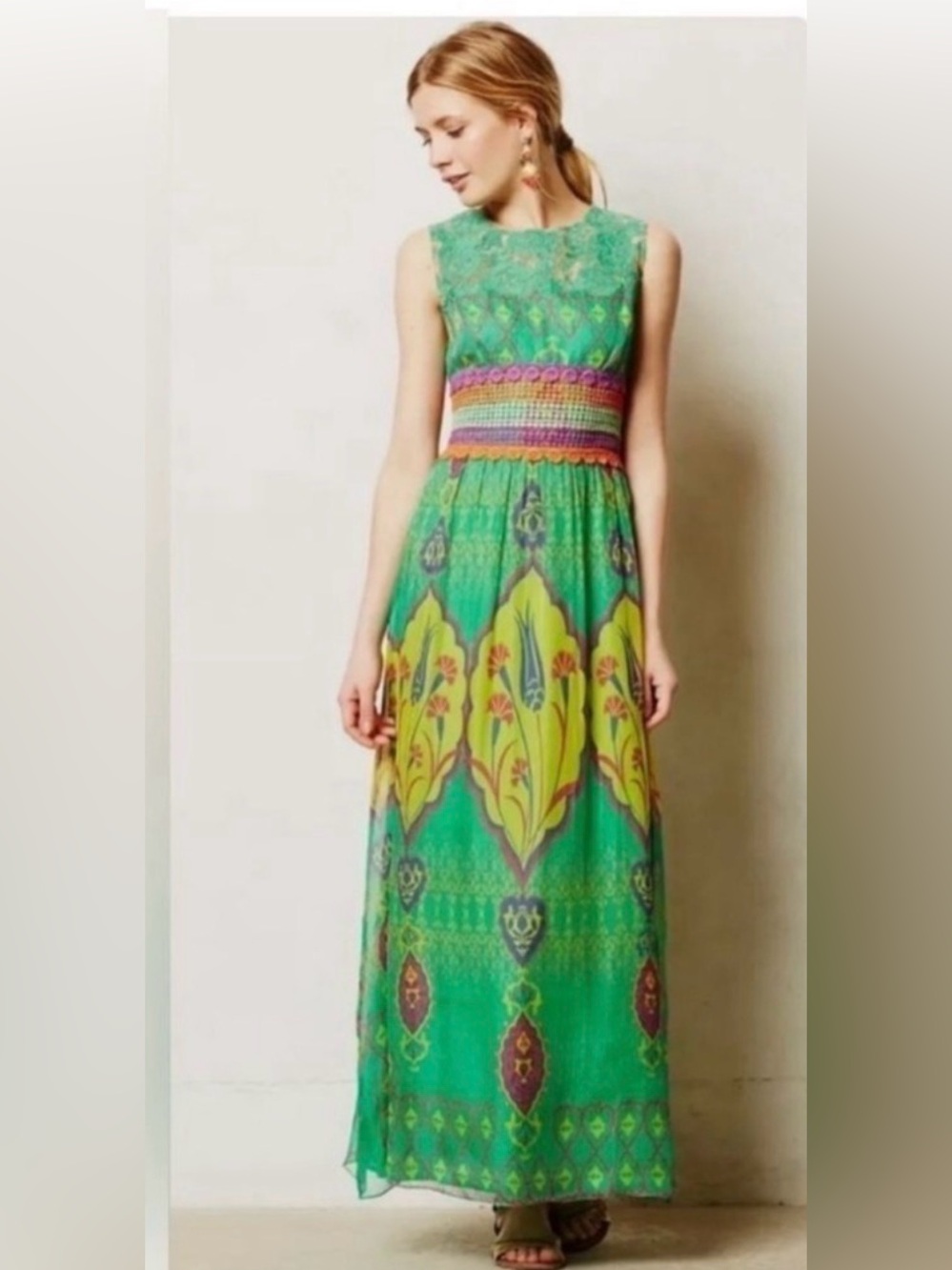 HEMANT & NANDITA green 100%silk  Lace Cocktail Dress lined Sz 2